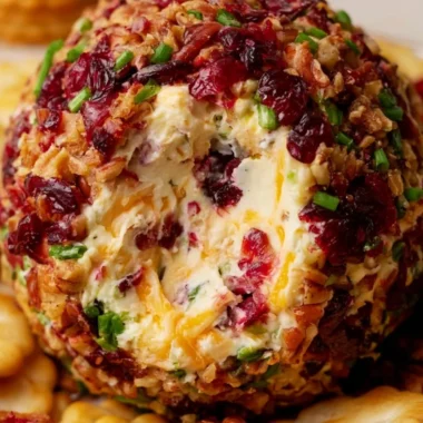 Cranberry pecan cheese ball served on a wooden platter with crackers