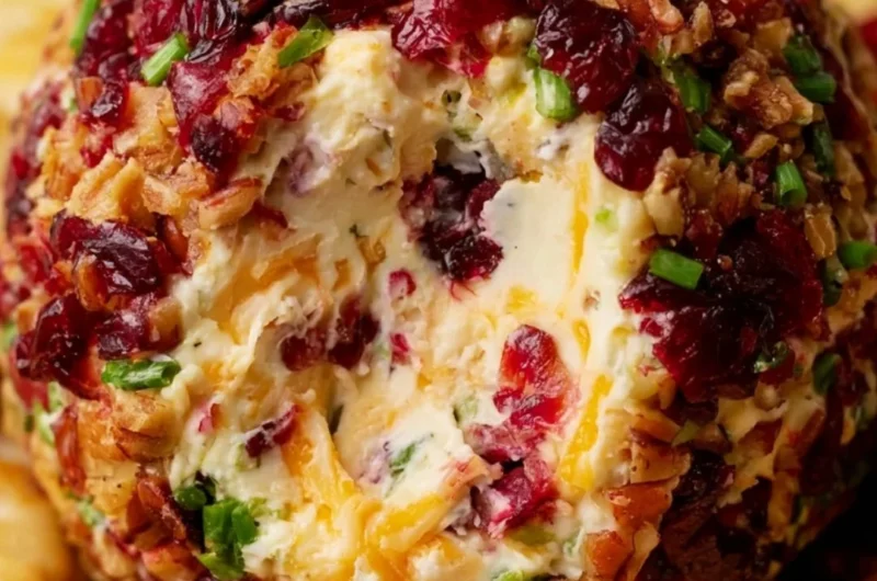 Cranberry pecan cheese ball served on a wooden platter with crackers