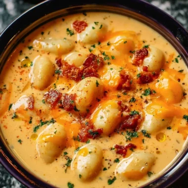 Creamy bacon cheddar gnocchi soup served in a bowl with a garnish.