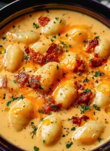 Creamy bacon cheddar gnocchi soup served in a bowl with a garnish.