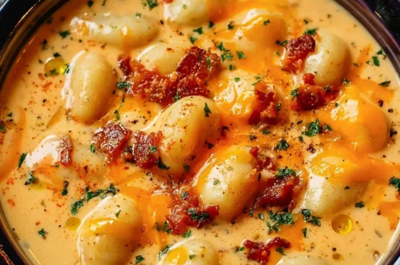 Creamy bacon cheddar gnocchi soup served in a bowl with a garnish.