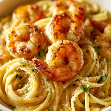 Creamy garlic shrimp pasta garnished with parsley on a white plate.
