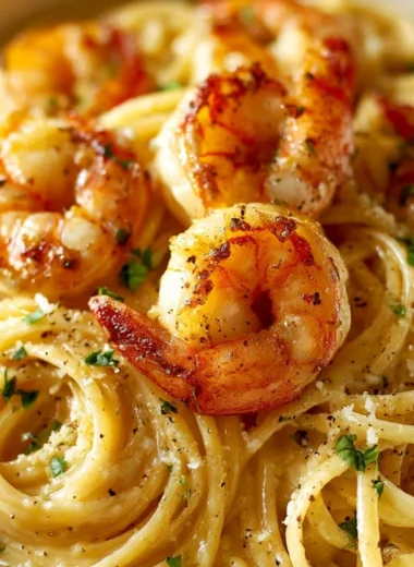 Creamy garlic shrimp pasta garnished with parsley on a white plate.