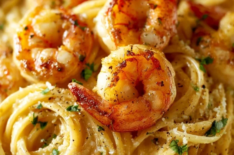 Creamy garlic shrimp pasta garnished with parsley on a white plate.