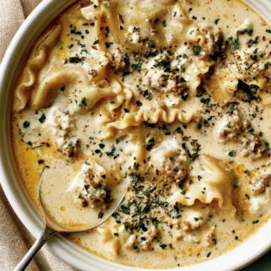 Bowl of creamy white lasagna soup topped with cheese and fresh herbs.
