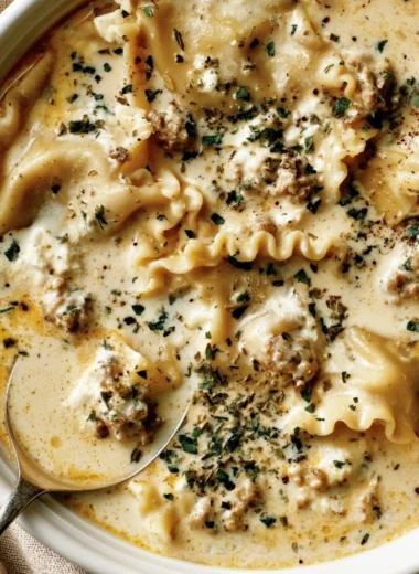 Bowl of creamy white lasagna soup topped with cheese and fresh herbs.