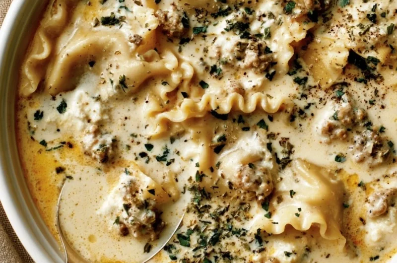 Bowl of creamy white lasagna soup topped with cheese and fresh herbs.