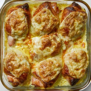 Croque Monsieur Croissant Bake topped with melted cheese and ham