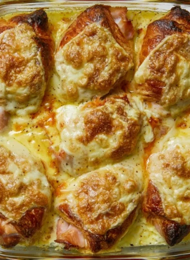 Croque Monsieur Croissant Bake topped with melted cheese and ham