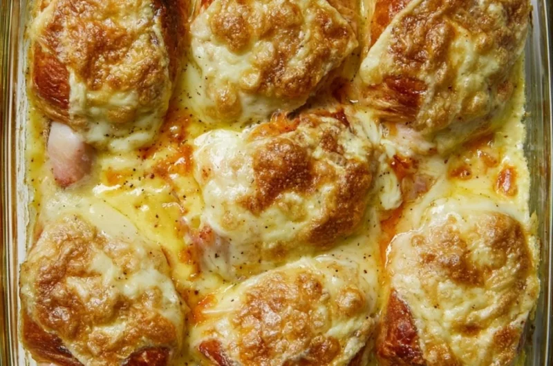 Croque Monsieur Croissant Bake topped with melted cheese and ham