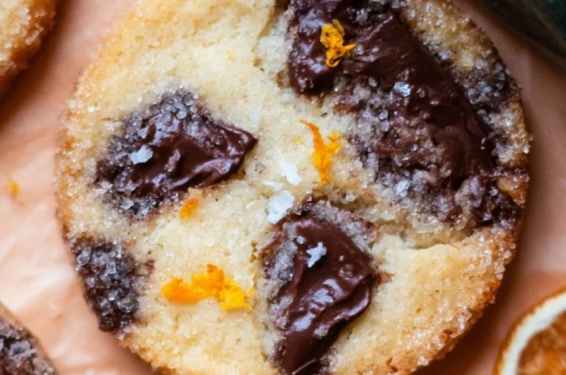 Homemade Dark Chocolate Orange Shortbread Cookies on a wooden platter