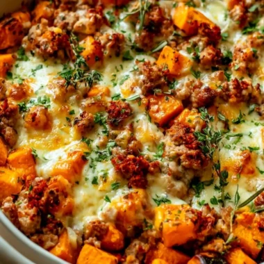 Easy Ground Turkey Sweet Potato Bake served on a plate with herbs and spices.