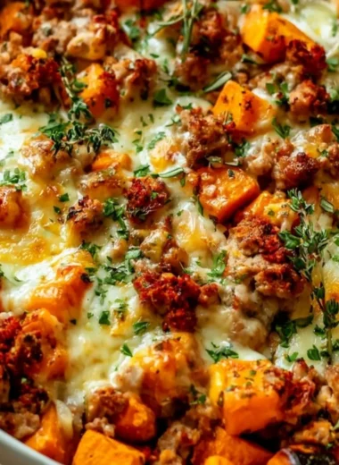 Easy Ground Turkey Sweet Potato Bake served on a plate with herbs and spices.
