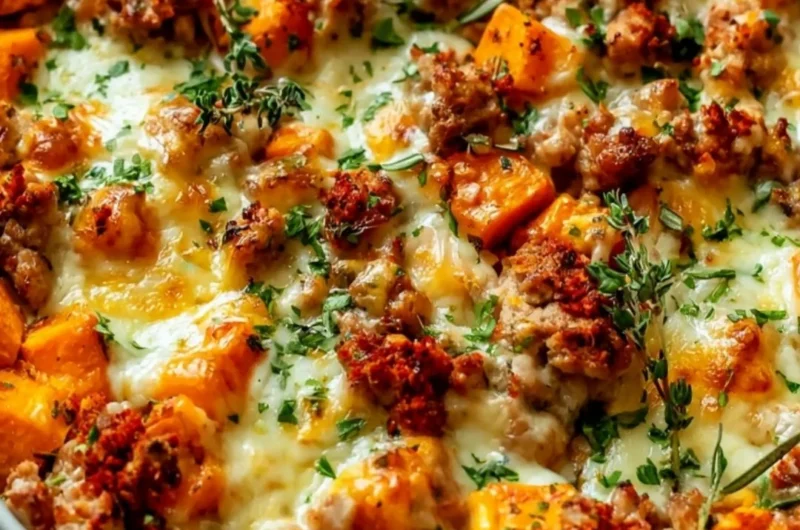 Easy Ground Turkey Sweet Potato Bake served on a plate with herbs and spices.