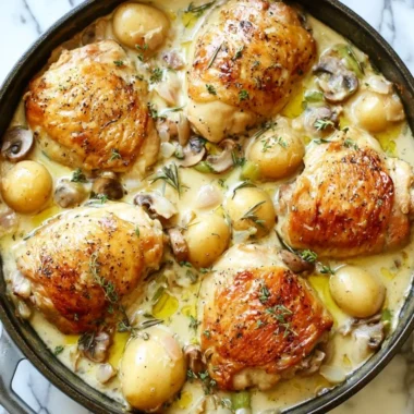 Delicious French chicken casserole in a rustic baking dish