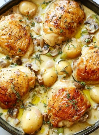 Delicious French chicken casserole in a rustic baking dish
