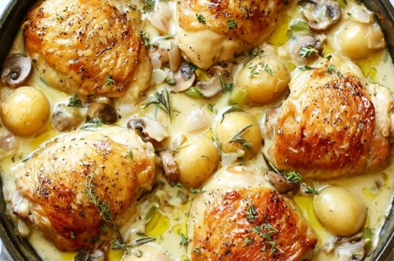 Delicious French chicken casserole in a rustic baking dish