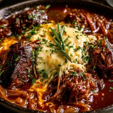 Delicious French onion braised chuck roast served with melted cheese and herbs
