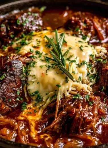 Delicious French onion braised chuck roast served with melted cheese and herbs