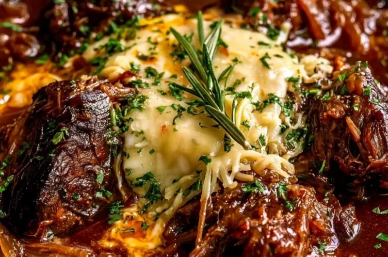 Delicious French onion braised chuck roast served with melted cheese and herbs