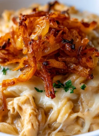Delicious French Onion Chicken Orzo Casserole topped with melted cheese