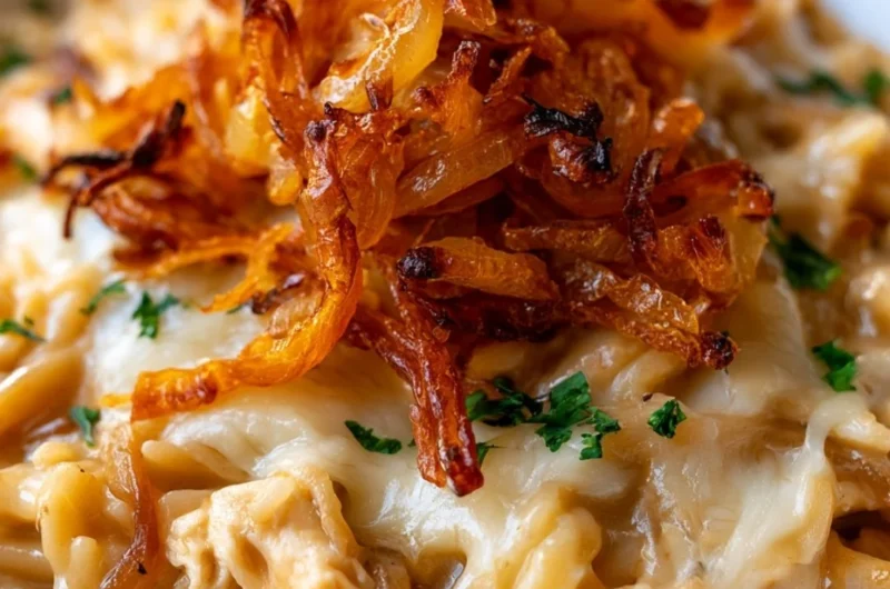 Delicious French Onion Chicken Orzo Casserole topped with melted cheese