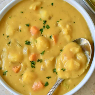 Bowl of creamy German potato soup garnished with fresh herbs