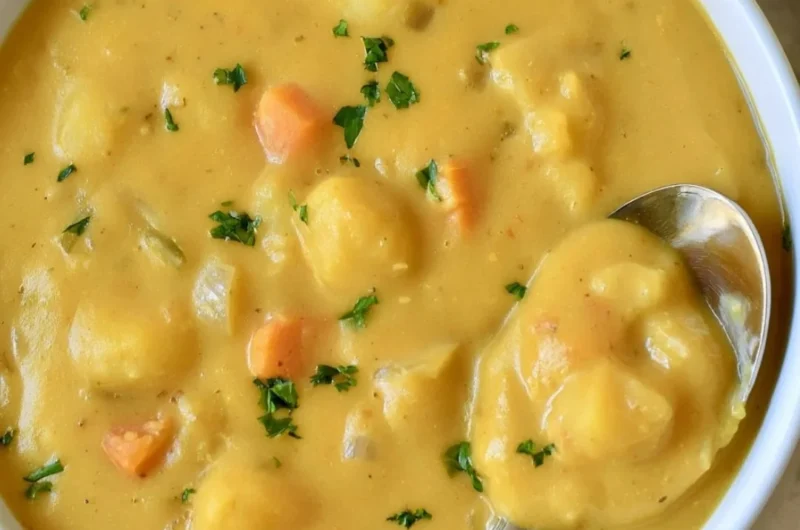 Bowl of creamy German potato soup garnished with fresh herbs