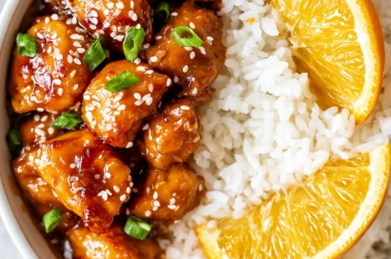 Healthy orange chicken served in a bowl with vegetables and orange slices