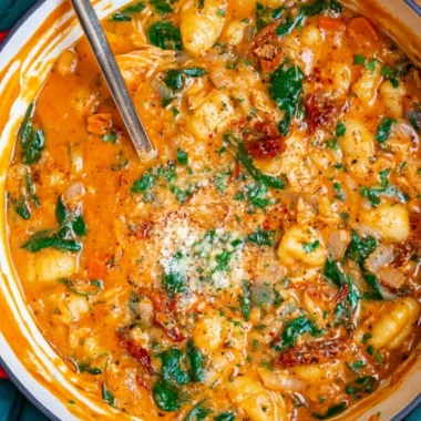 Bowl of Italian Chicken Gnocchi Soup with fresh herbs and vegetables