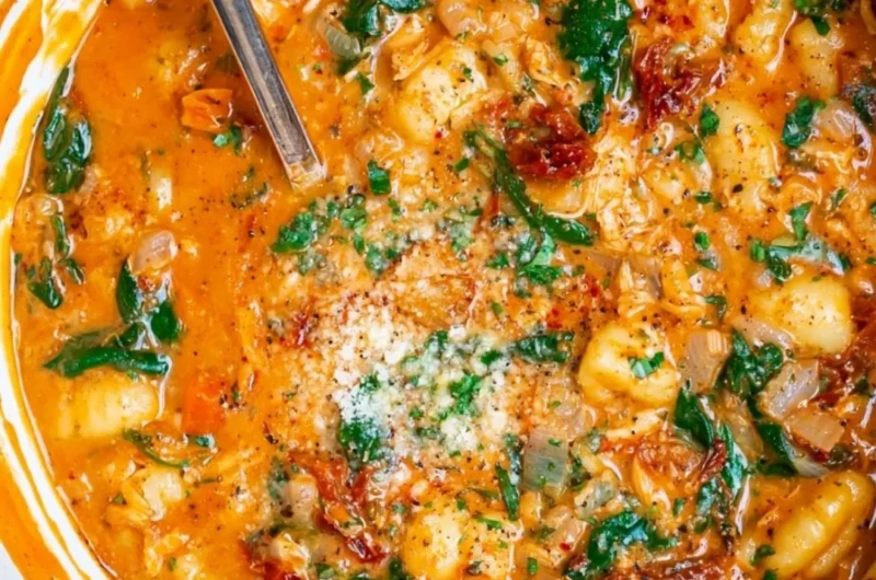 Bowl of Italian Chicken Gnocchi Soup with fresh herbs and vegetables
