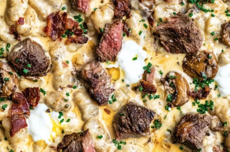 Loaded steak and gnocchi skillet dish served in a pan
