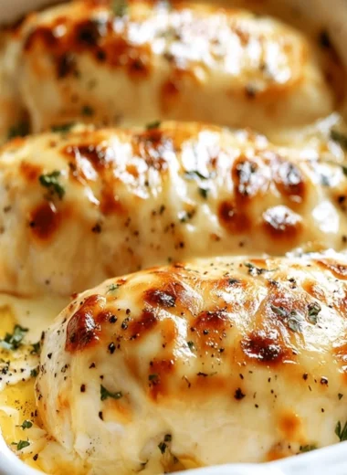 Baked cream cheese chicken dish served on a plate with herbs