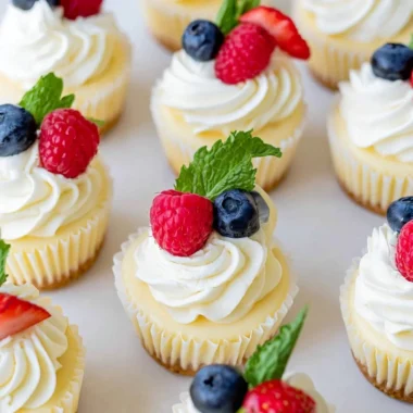 A platter of assorted mini cheesecakes topped with fresh fruit and chocolate