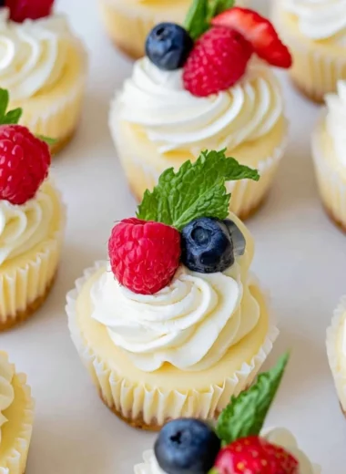 A platter of assorted mini cheesecakes topped with fresh fruit and chocolate