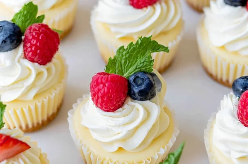 A platter of assorted mini cheesecakes topped with fresh fruit and chocolate