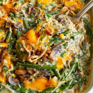 Paula Deen's green bean casserole served in a dish
