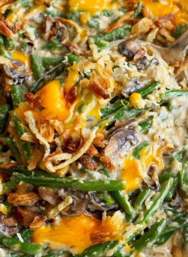 Paula Deen's green bean casserole served in a dish
