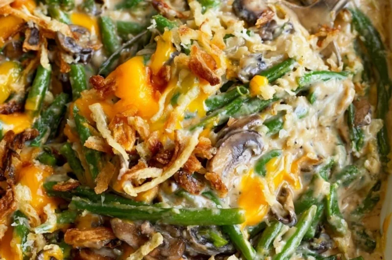 Paula Deen's green bean casserole served in a dish