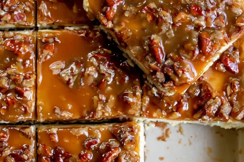 Pecan pie cheesecake bars topped with pecans and caramel drizzle