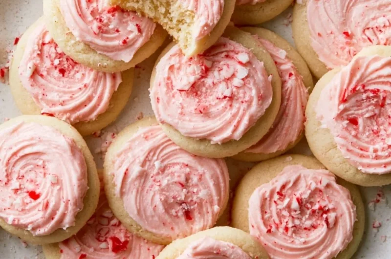 Batch of peppermint meltaway cookies on a festive plate