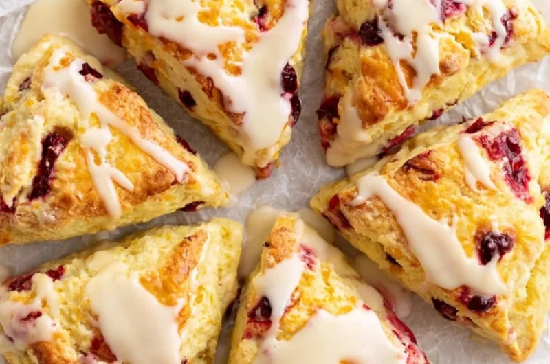 Freshly baked cranberry orange scones with cranberries and orange zest.