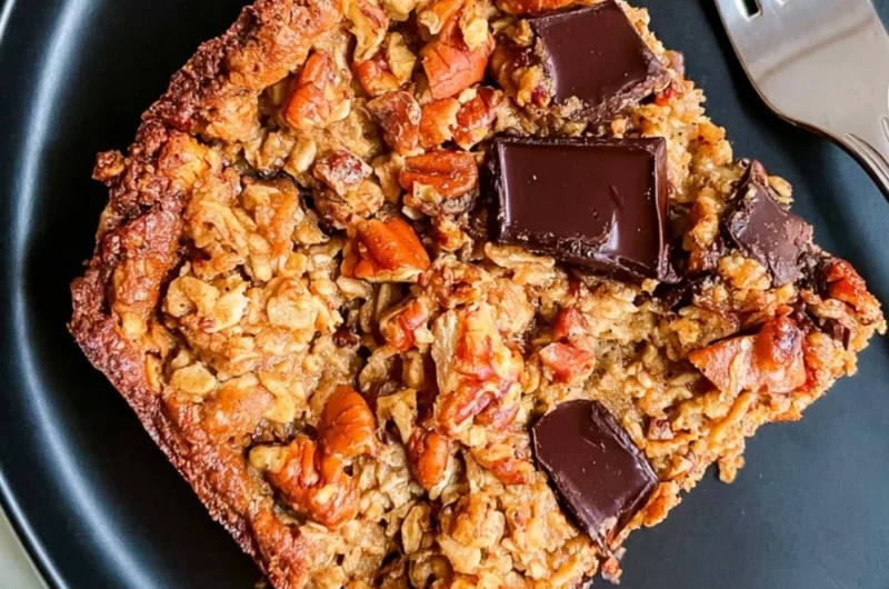 Delicious protein baked oatmeal topped with chocolate chunks fresh from the oven.
