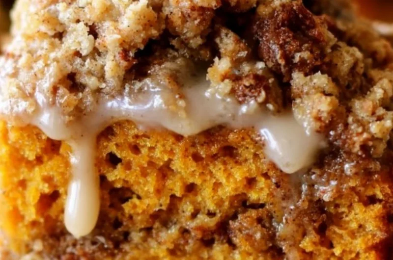 Pumpkin coffee cake with streusel topping on a rustic wooden table