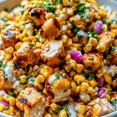 High protein chicken salad with street corn in a bowl for easy lunch prep