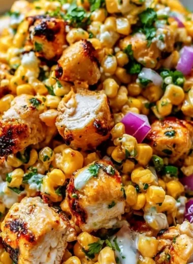 High protein chicken salad with street corn in a bowl for easy lunch prep