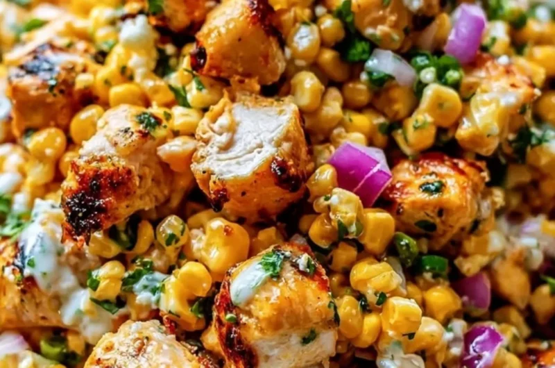 High protein chicken salad with street corn in a bowl for easy lunch prep
