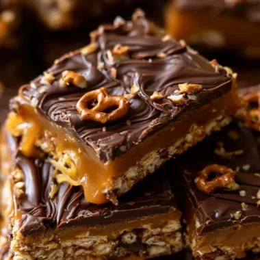 Delicious no-bake salted caramel squares with pretzel topping and chocolate drizzle.