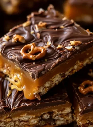 Delicious no-bake salted caramel squares with pretzel topping and chocolate drizzle.