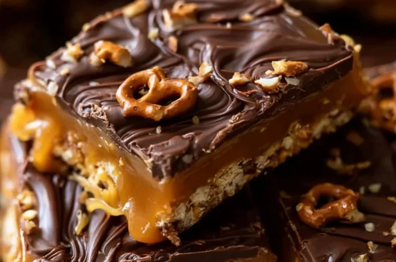 Delicious no-bake salted caramel squares with pretzel topping and chocolate drizzle.